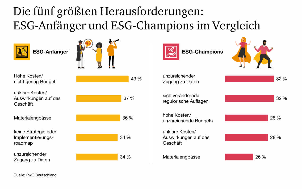 Tabelle von ESG Anfänger und ESG Champions im Vergleich, die fünf größten Herausforderungen werden abgebildet